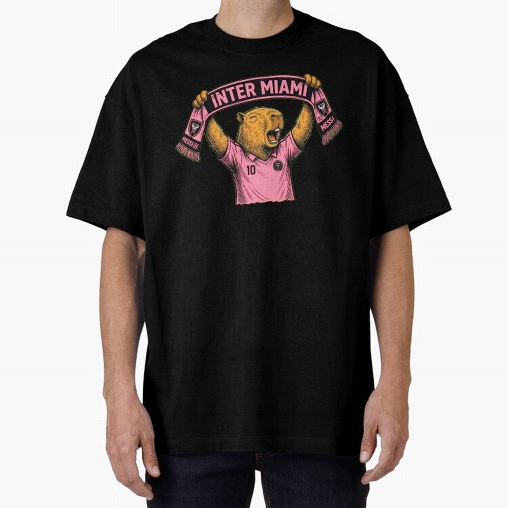 Capybara Inter Miami Fan Celebrating ¨C Funny Soccer Illustration with Scarf Oversized T-Shirt Back the Journey through Match Day Hype around FIFA World Cup 2026 USA Canada Mexico, CR7, Brazil, Stadium Chants, National Pride, Trophy Dreams and