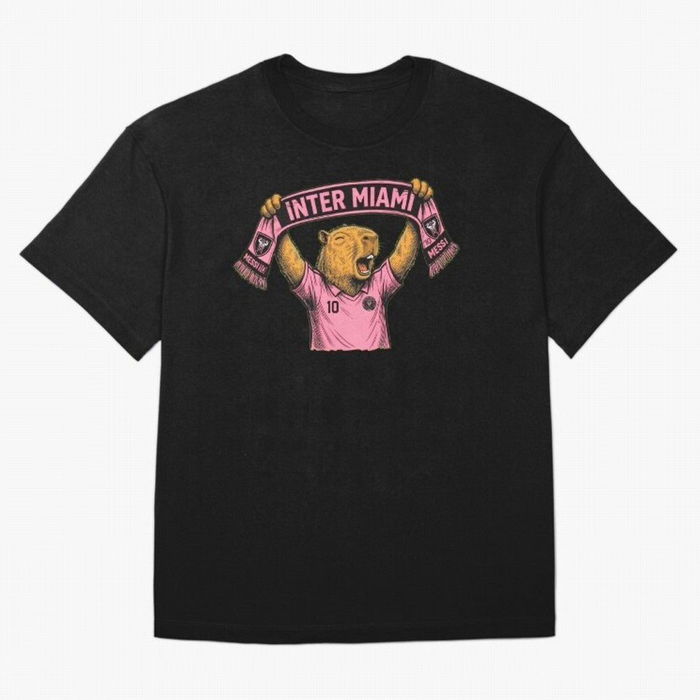 Capybara Inter Miami Fan Celebrating ¨C Funny Soccer Illustration with Scarf Oversized T-Shirt Back the Journey through Match Day Hype around FIFA World Cup 2026 USA Canada Mexico, CR7, Brazil, Stadium Chants, National Pride, Trophy Dreams and