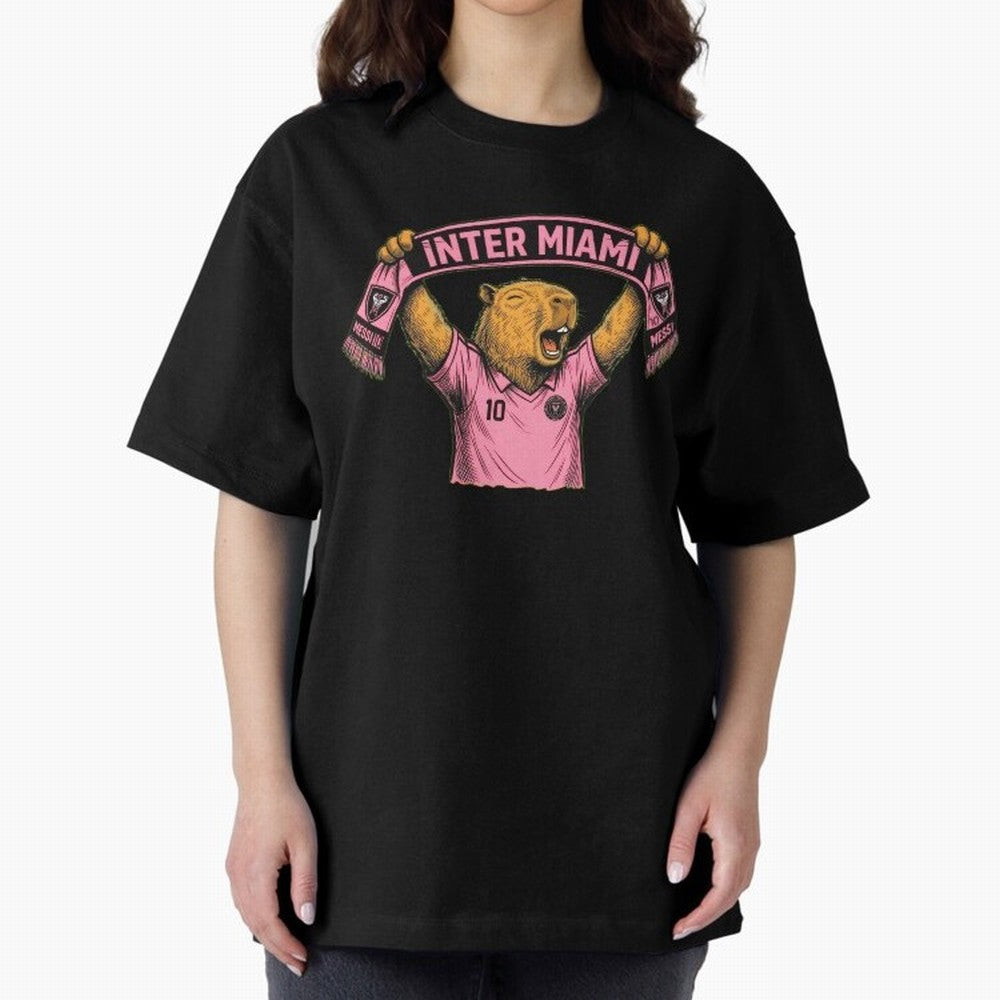 Capybara Inter Miami Fan Celebrating ¨C Funny Soccer Illustration with Scarf Oversized T-Shirt Back the Journey through Match Day Hype around FIFA World Cup 2026 USA Canada Mexico, CR7, Brazil, Stadium Chants, National Pride, Trophy Dreams and