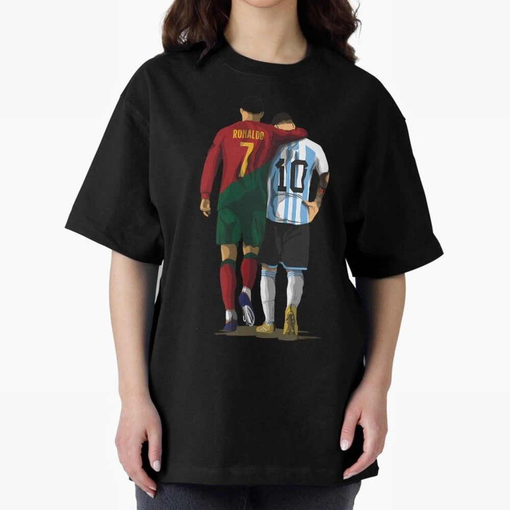 Messi Ronaldo Chit Chat Illustration Oversized T-Shirt Bring Trophy Dreams to FIFA World Cup 2026 USA Canada Mexico for Fans of Mbappe and Germany, Bringing Champion Mindset, Group Stage Buzz, Knockout Tension and Passionate Fan Culture; Perfect