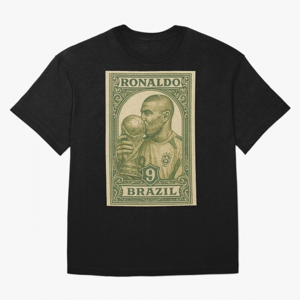 Vintage Brazilian Ronaldo Fenomeno R9 Football Legend Stamp Illustration ¨C Retro Soccer World Cup Art Print Oversized T-Shirt Turn Up for the FIFA World Cup 2026 Journey through Cristiano Ronaldo Highlights, Germany Pride, Game Day Rituals,