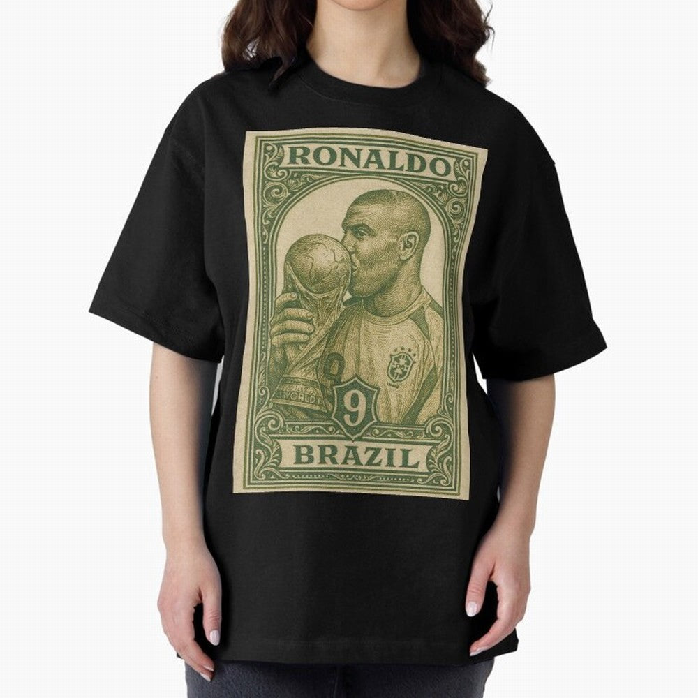 Vintage Brazilian Ronaldo Fenomeno R9 Football Legend Stamp Illustration ¨C Retro Soccer World Cup Art Print Oversized T-Shirt Turn Up for the FIFA World Cup 2026 Journey through Cristiano Ronaldo Highlights, Germany Pride, Game Day Rituals,