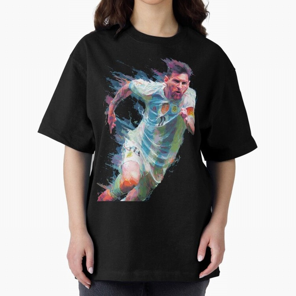 Messi in action Graphic Paint poster design Oversized T-Shirt Bring Retro Soccer Energy to Global Football Passion for FIFA World Cup 2026, with Neymar, Haaland and Cristiano Ronaldo, Spain and Netherlands, Retro Football Energy, Iconic Rivalries,