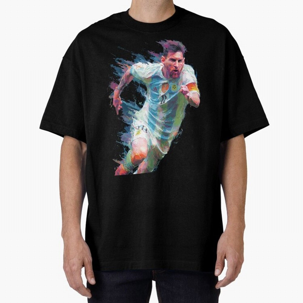 Messi in action Graphic Paint poster design Oversized T-Shirt Bring Retro Soccer Energy to Global Football Passion for FIFA World Cup 2026, with Neymar, Haaland and Cristiano Ronaldo, Spain and Netherlands, Retro Football Energy, Iconic Rivalries,