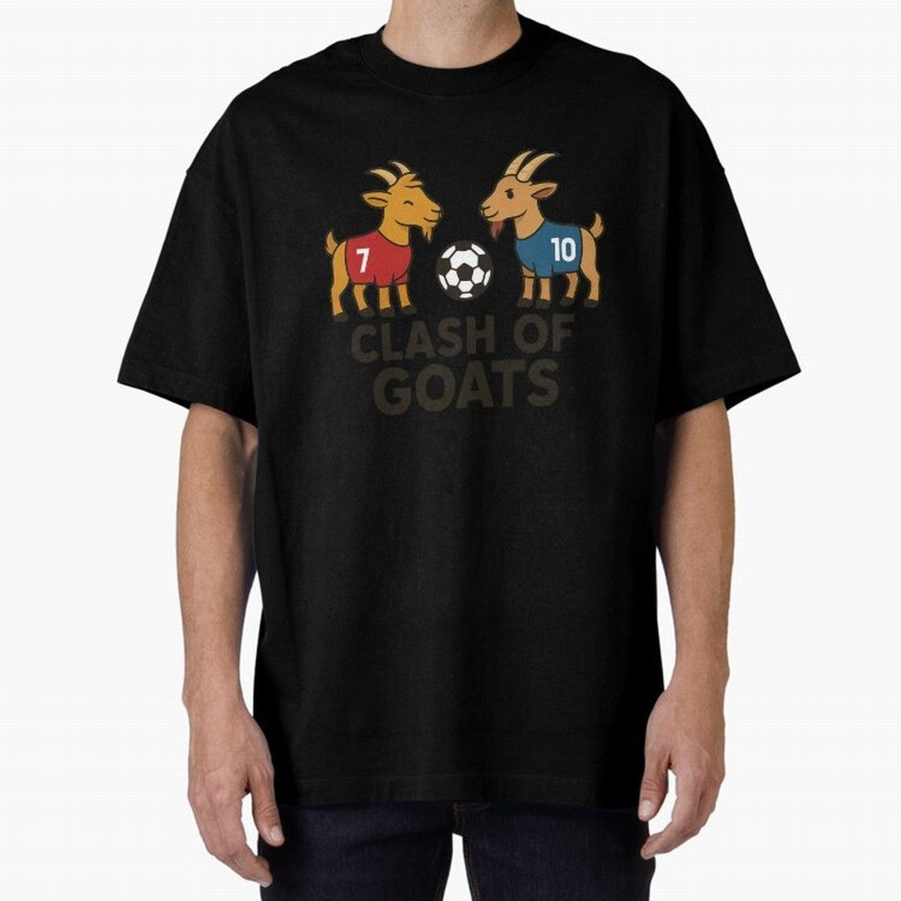 Clash of GOATs ¨C Funny Ronaldo vs Messi Inspired Football T-Shirt Design Oversized T-Shirt Bring Match Day Fire to Match Day Hype around FIFA World Cup 2026, Messi and Cristiano Ronaldo, England, France and Netherlands, Tournament Hype, Historic