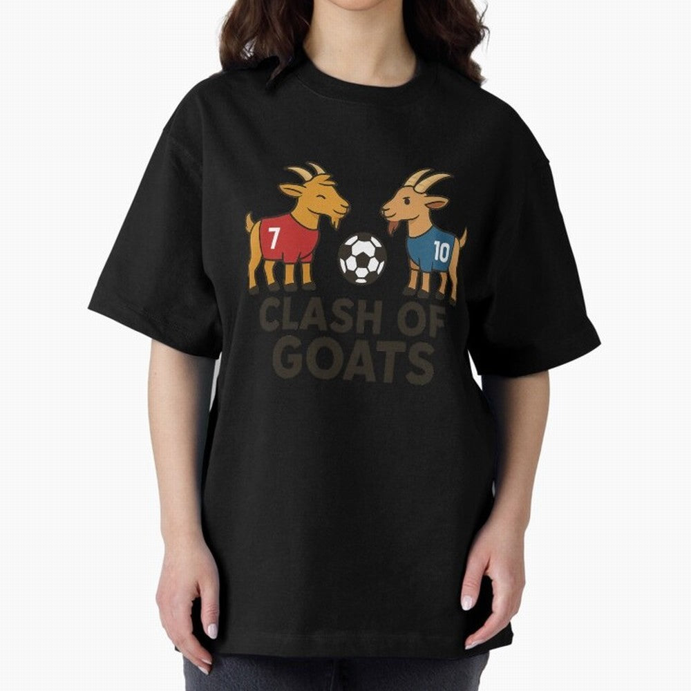 Clash of GOATs ¨C Funny Ronaldo vs Messi Inspired Football T-Shirt Design Oversized T-Shirt Bring Match Day Fire to Match Day Hype around FIFA World Cup 2026, Messi and Cristiano Ronaldo, England, France and Netherlands, Tournament Hype, Historic