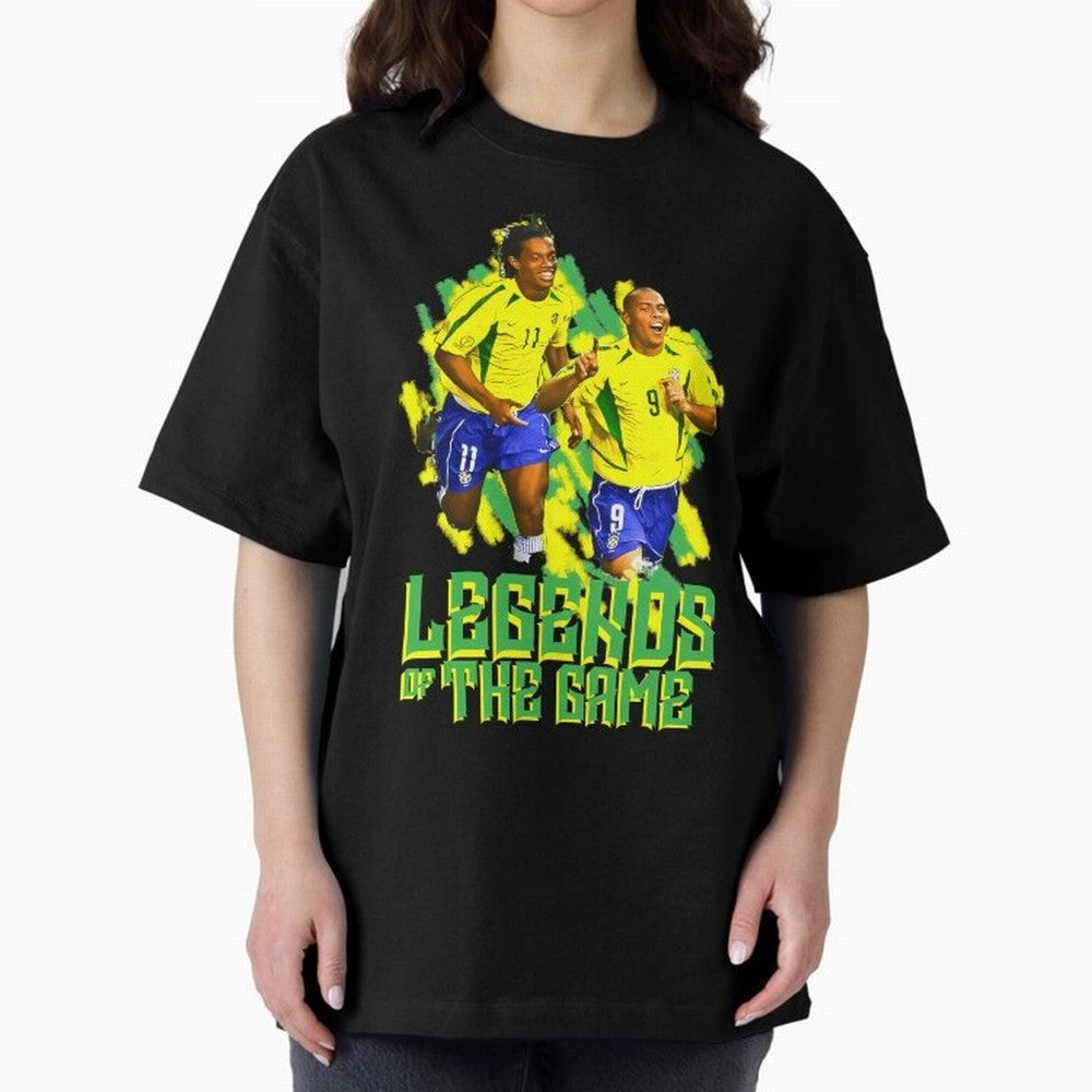 Ronaldinho and ronaldo brazil football print Oversized T-Shirt Celebrate Fan Culture around FIFA World Cup 2026 USA Canada Mexico Connected to Mbappe and Neymar, Argentina and Brazil Energy, Classic Soccer Heritage, Championship Pressure, Fan