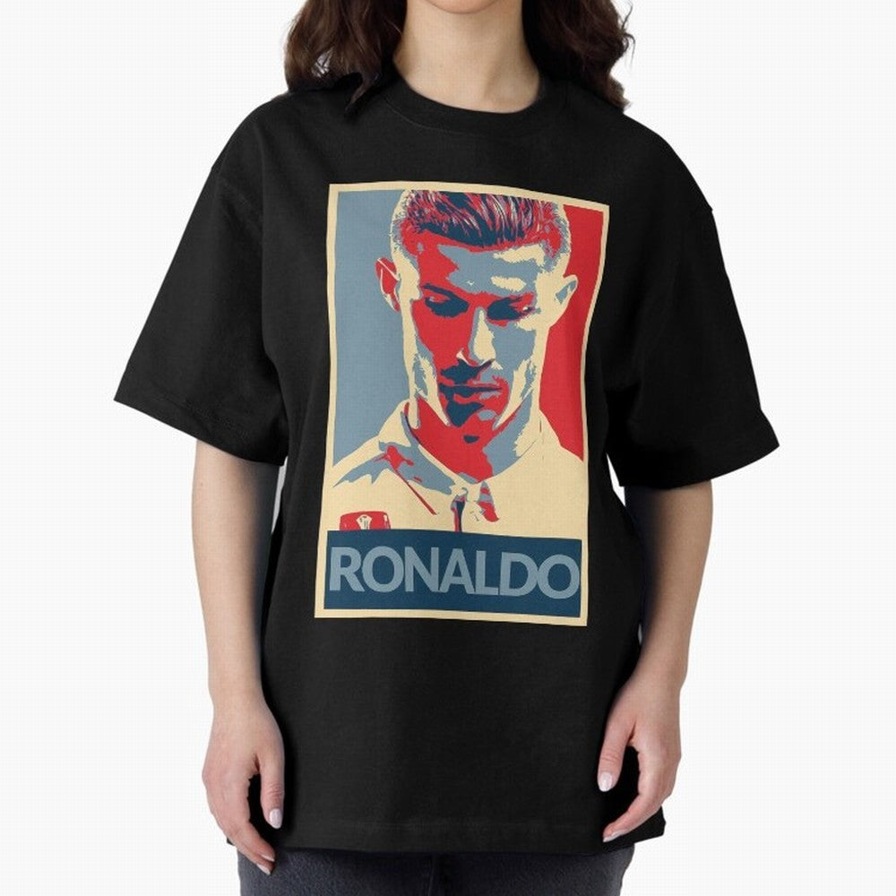 Ronaldo Poster Style Pop Art Design For Football Fans Gift For Soccer Enthusiasts Oversized T-Shirt Experience FIFA World Cup 2026 Featuring Haaland and Mbappe, Argentina, France and Brazil Energy, Goal Celebration Energy, Supporter Heritage,