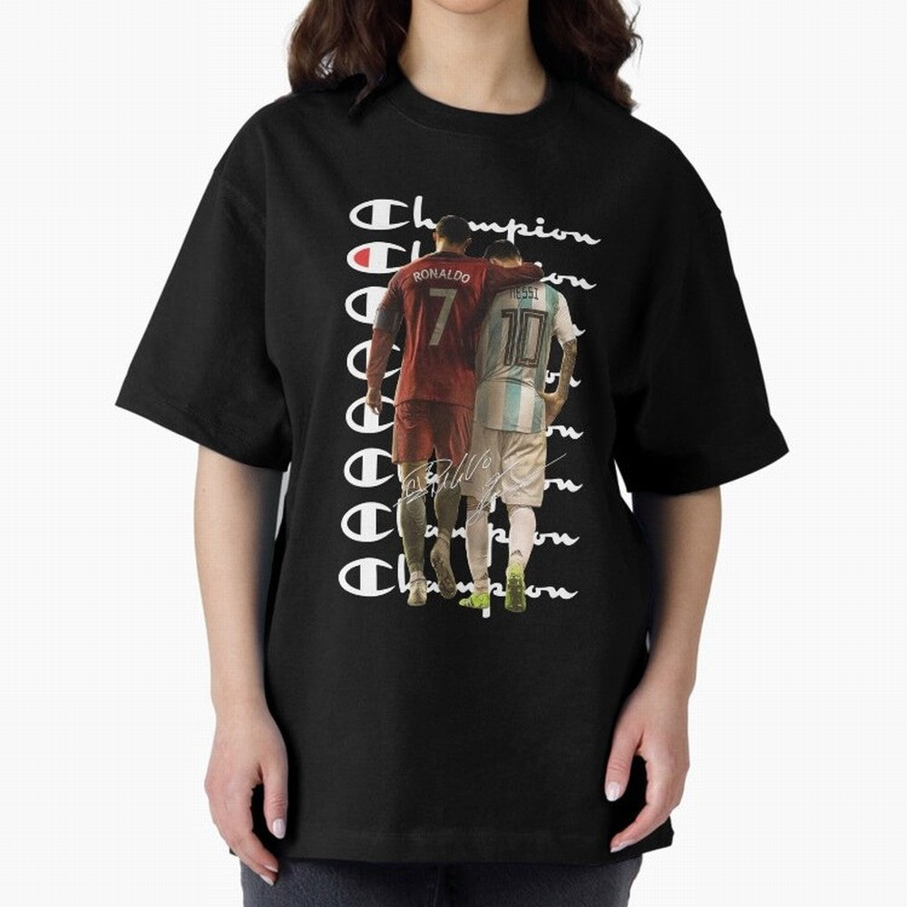 Ronaldos And Messis C-C-H-A-M-P-I-O-N-N Oversized T-Shirt Feel the Heartbeat of Global Football Passion for FIFA World Cup 2026 Group Stage, Inspired by Messi, France and Portugal, Worldwide Fan Energy, Dramatic Goals, Stadium Lights and