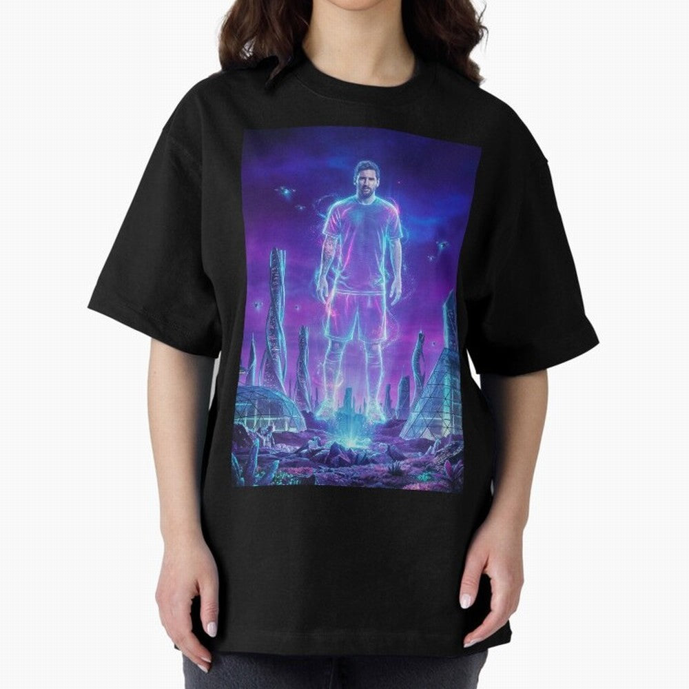 Lionel Messi (GOAT) Hologram in Futuristic Cyberpunk City (Version 5) Classic T-Shirt Keep Football History Alive during FIFA World Cup 2026 for Fans of Messi and Argentina, France and Brazil, Bringing Champion Mindset, Group Stage Buzz, Knockout