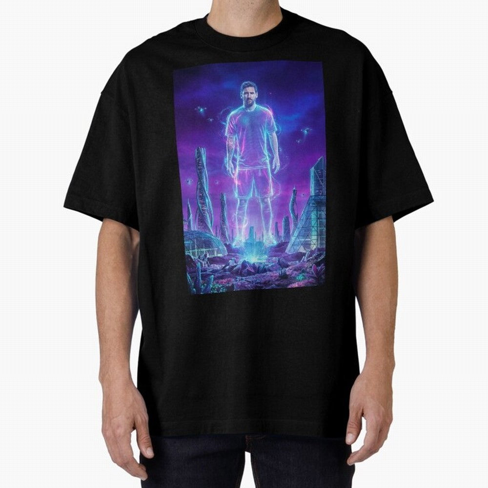 Lionel Messi (GOAT) Hologram in Futuristic Cyberpunk City (Version 5) Classic T-Shirt Keep Football History Alive during FIFA World Cup 2026 for Fans of Messi and Argentina, France and Brazil, Bringing Champion Mindset, Group Stage Buzz, Knockout