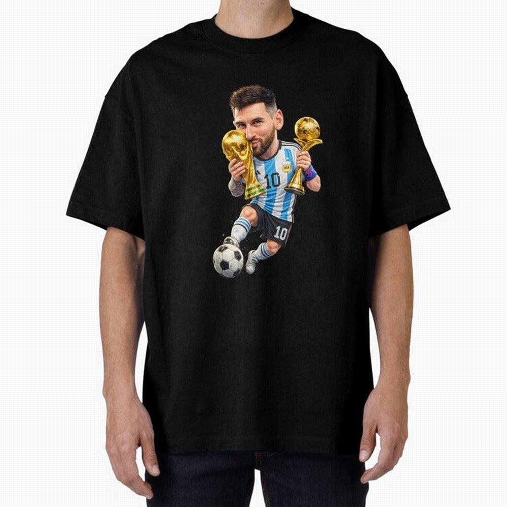 Lionel Messi ¨C Trophy King Caricature Oversized T-Shirt Celebrate Every Goal in FIFA World Cup 2026 Spirit, Capturing France and Portugal, Mbappe and Neymar, Tournament Hype, Historic Matchups, Family Viewing Parties and Global Sports Pride; Made