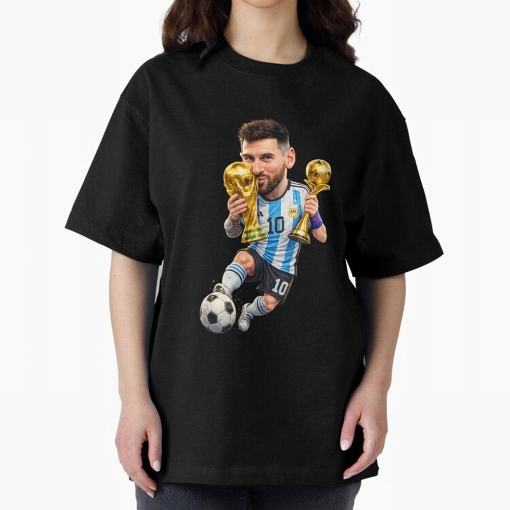 Lionel Messi ¨C Trophy King Caricature Oversized T-Shirt Celebrate Every Goal in FIFA World Cup 2026 Spirit, Capturing France and Portugal, Mbappe and Neymar, Tournament Hype, Historic Matchups, Family Viewing Parties and Global Sports Pride; Made