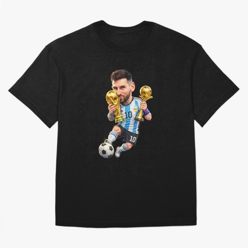 Lionel Messi ¨C Trophy King Caricature Oversized T-Shirt Celebrate Every Goal in FIFA World Cup 2026 Spirit, Capturing France and Portugal, Mbappe and Neymar, Tournament Hype, Historic Matchups, Family Viewing Parties and Global Sports Pride; Made