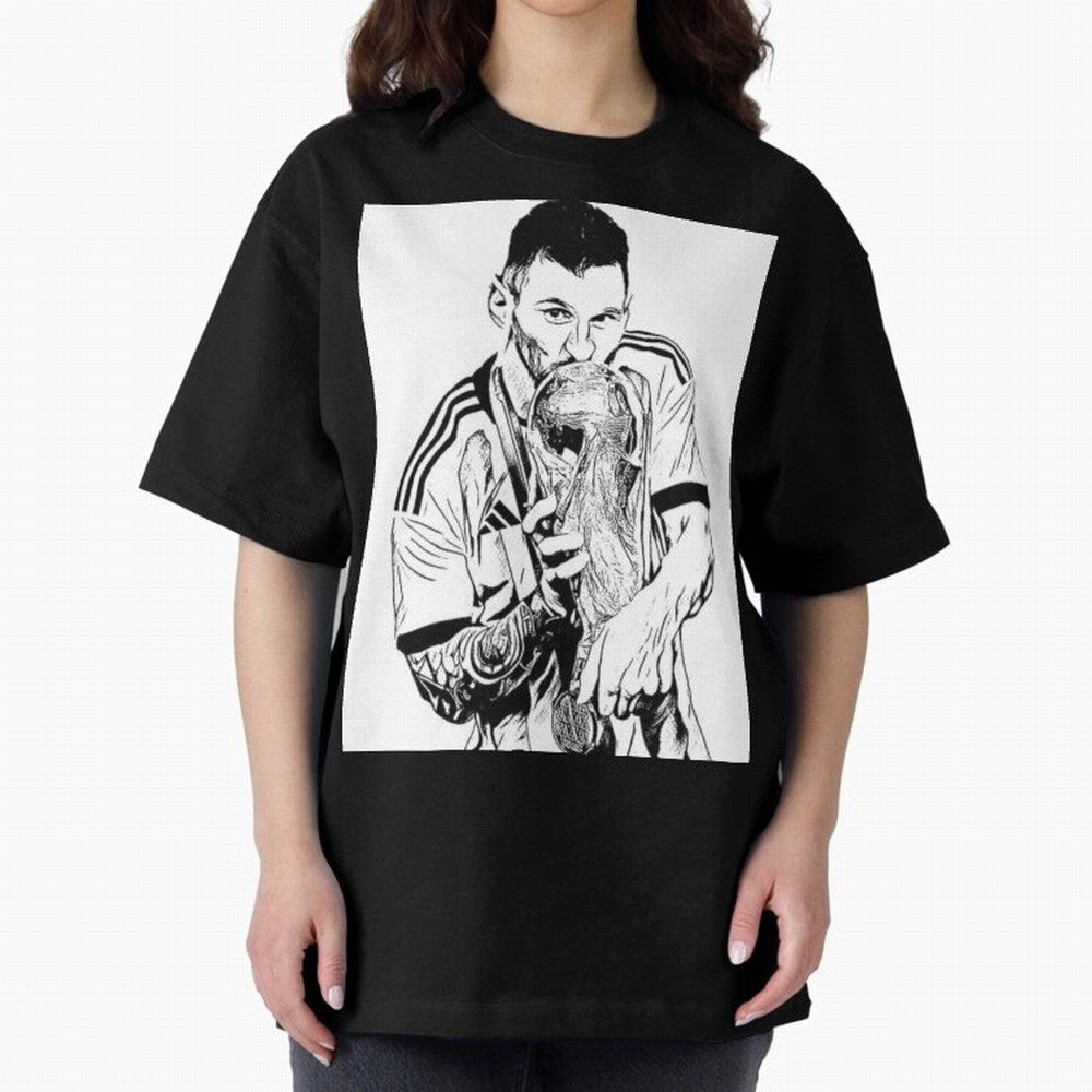 Lionel Messi white and black art Oversized T-Shirt Support Iconic Players in the FIFA World Cup 2026 USA Canada Mexico Journey through Mbappe and Neymar Highlights, England and Germany Pride, Retro Football Energy, Iconic Rivalries, Trophy Chase