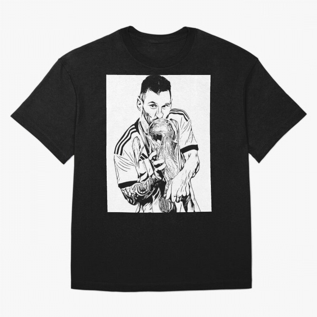 Lionel Messi white and black art Oversized T-Shirt Support Iconic Players in the FIFA World Cup 2026 USA Canada Mexico Journey through Mbappe and Neymar Highlights, England and Germany Pride, Retro Football Energy, Iconic Rivalries, Trophy Chase