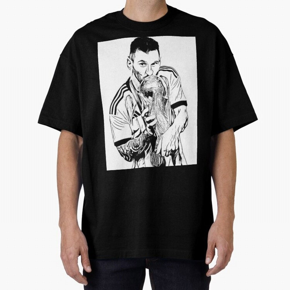 Lionel Messi white and black art Oversized T-Shirt Support Iconic Players in the FIFA World Cup 2026 USA Canada Mexico Journey through Mbappe and Neymar Highlights, England and Germany Pride, Retro Football Energy, Iconic Rivalries, Trophy Chase