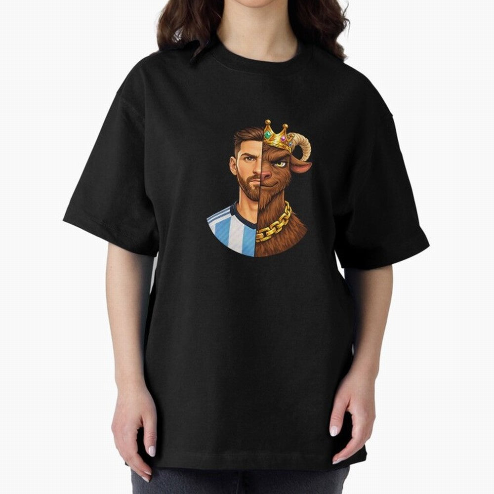 Half Man Half GOAT - Lionel Messi Oversized T-Shirt Bring Trophy Dreams to the FIFA World Cup 2026 Journey through Mbappe and Neymar Highlights, Argentina, France and Brazil Pride, Football Passion, Legendary Performances, Festival Vibes and