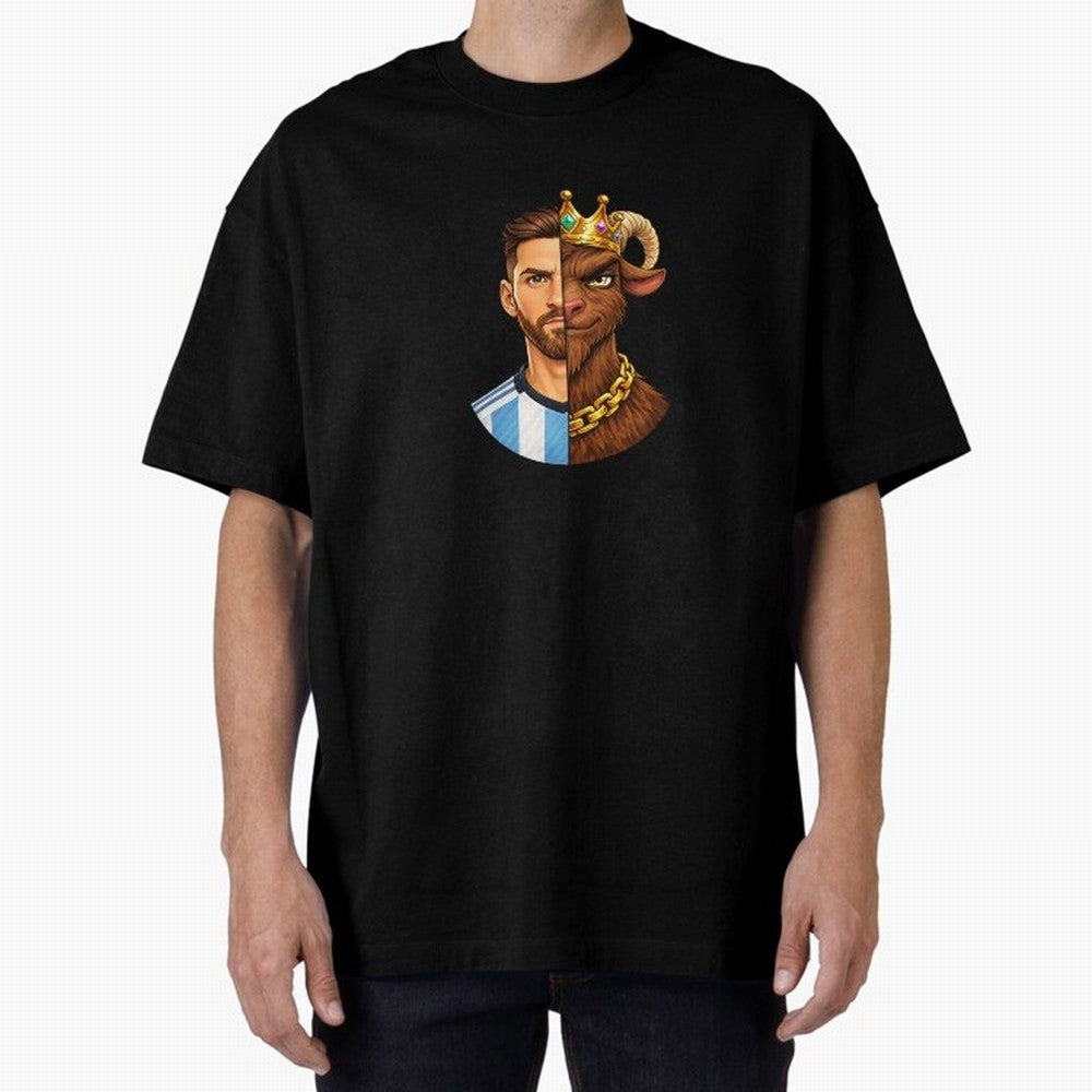 Half Man Half GOAT - Lionel Messi Oversized T-Shirt Bring Trophy Dreams to the FIFA World Cup 2026 Journey through Mbappe and Neymar Highlights, Argentina, France and Brazil Pride, Football Passion, Legendary Performances, Festival Vibes and