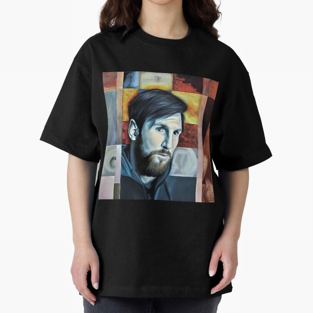 Messi on digital board Oversized T-Shirt Show Passion for the Stars of Global Football Passion for FIFA World Cup 2026, Capturing Messi, Argentina and Brazil, Game Day Rituals, Football Legends, Country Pride and the Road to the Final; Made for