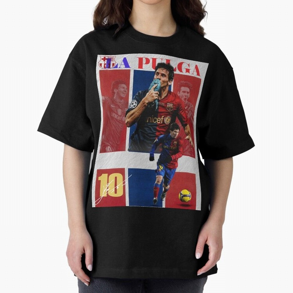 Lionel Messi 2009 UCL Barcelona Poster Oversized T-Shirt Show Support during Global Football Passion for FIFA World Cup 2026 Group Stage, Driven by Neymar, Brazil, Portugal and Argentina, Goal Celebration Energy, Supporter Heritage, Football Icons
