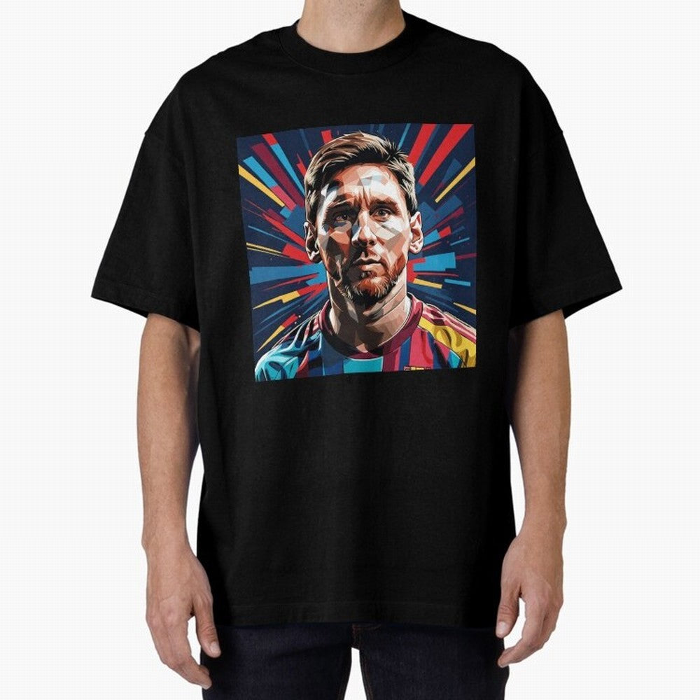 Lionel Messi Pop-Art Portrait Oversized T-Shirt Celebrate Football Heritage in FIFA World Cup 2026 Group Stage for Fans of Cristiano Ronaldo and Spain and Netherlands, Bringing Stadium Chants, National Pride, Trophy Dreams and Unforgettable