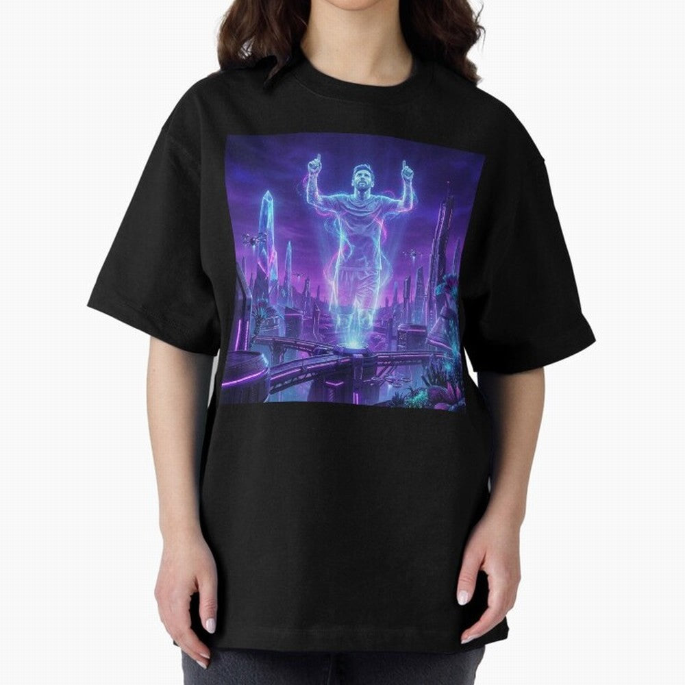 Lionel Messi (GOAT) Hologram in Futuristic Cyberpunk City (Version 2) Classic T-Shirt Follow the Final Road of FIFA World Cup 2026 USA Canada Mexico Spirit, Centered on Germany, Cristiano Ronaldo, Haaland and CR7, Game Day Rituals, Football