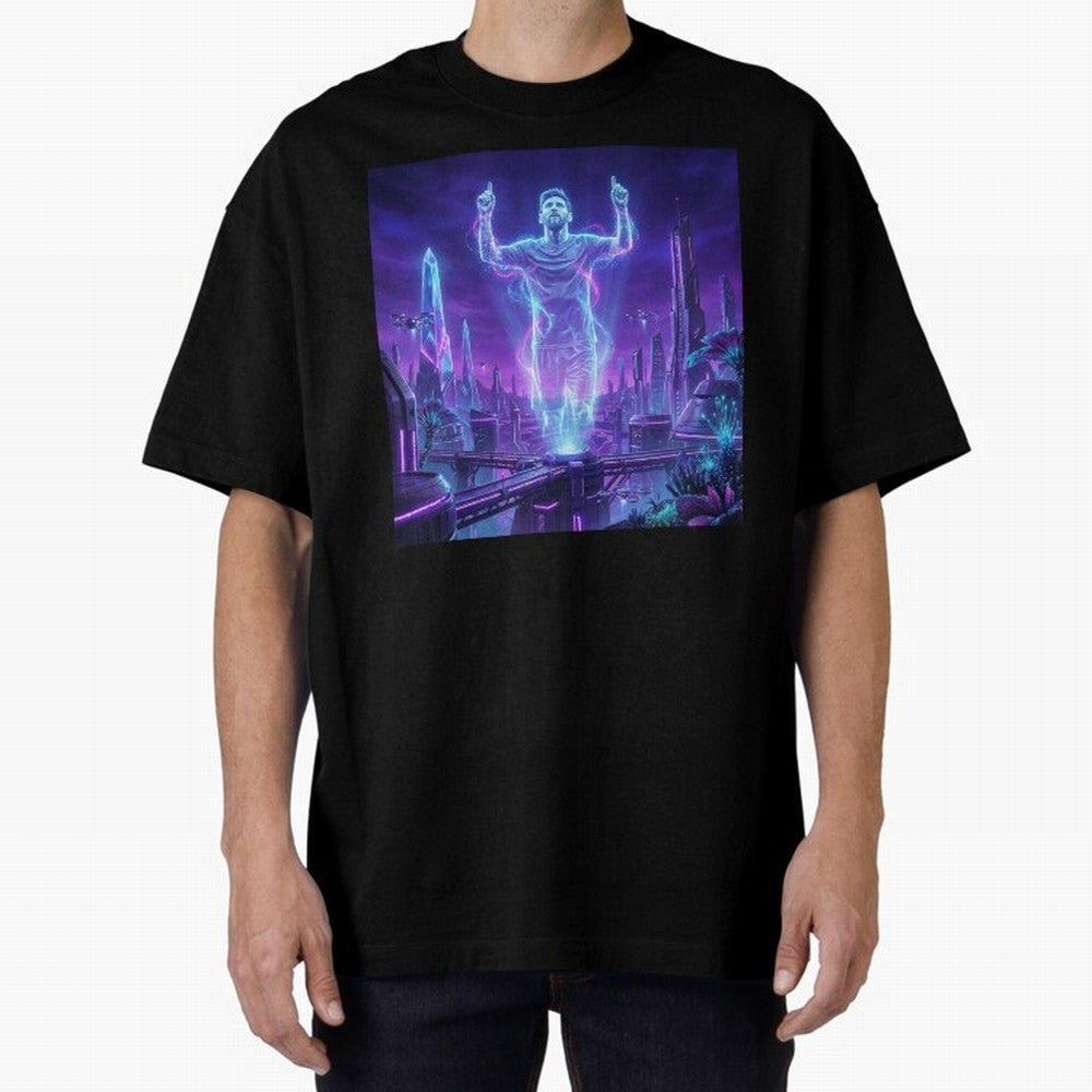 Lionel Messi (GOAT) Hologram in Futuristic Cyberpunk City (Version 2) Classic T-Shirt Follow the Final Road of FIFA World Cup 2026 USA Canada Mexico Spirit, Centered on Germany, Cristiano Ronaldo, Haaland and CR7, Game Day Rituals, Football