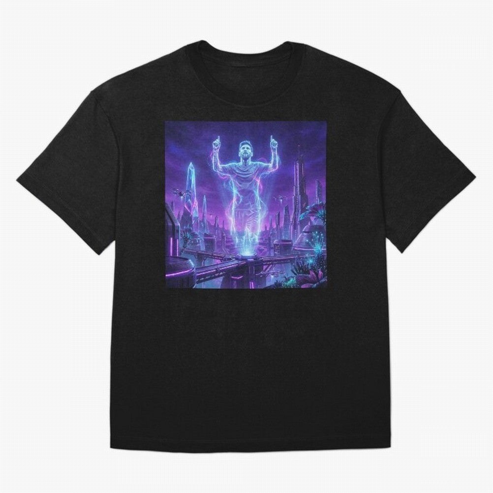 Lionel Messi (GOAT) Hologram in Futuristic Cyberpunk City (Version 2) Classic T-Shirt Follow the Final Road of FIFA World Cup 2026 USA Canada Mexico Spirit, Centered on Germany, Cristiano Ronaldo, Haaland and CR7, Game Day Rituals, Football