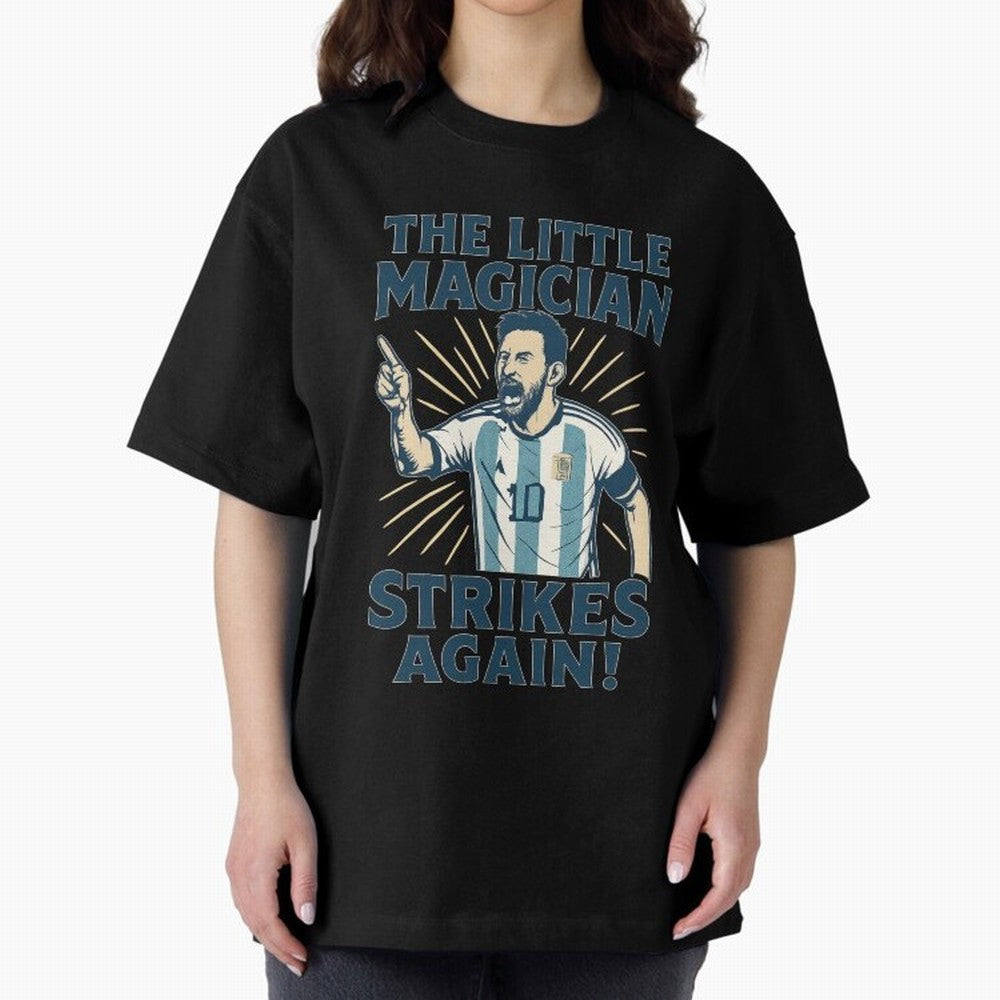 Messi - The Magician Oversized T-Shirt Bring a Champion Mindset to Global Football Passion for FIFA World Cup 2026 Group Stage, Celebrating CR7 and Messi, England, Supporter Pride, Iconic Celebrations, Legendary Names and Global Match Day Energy;