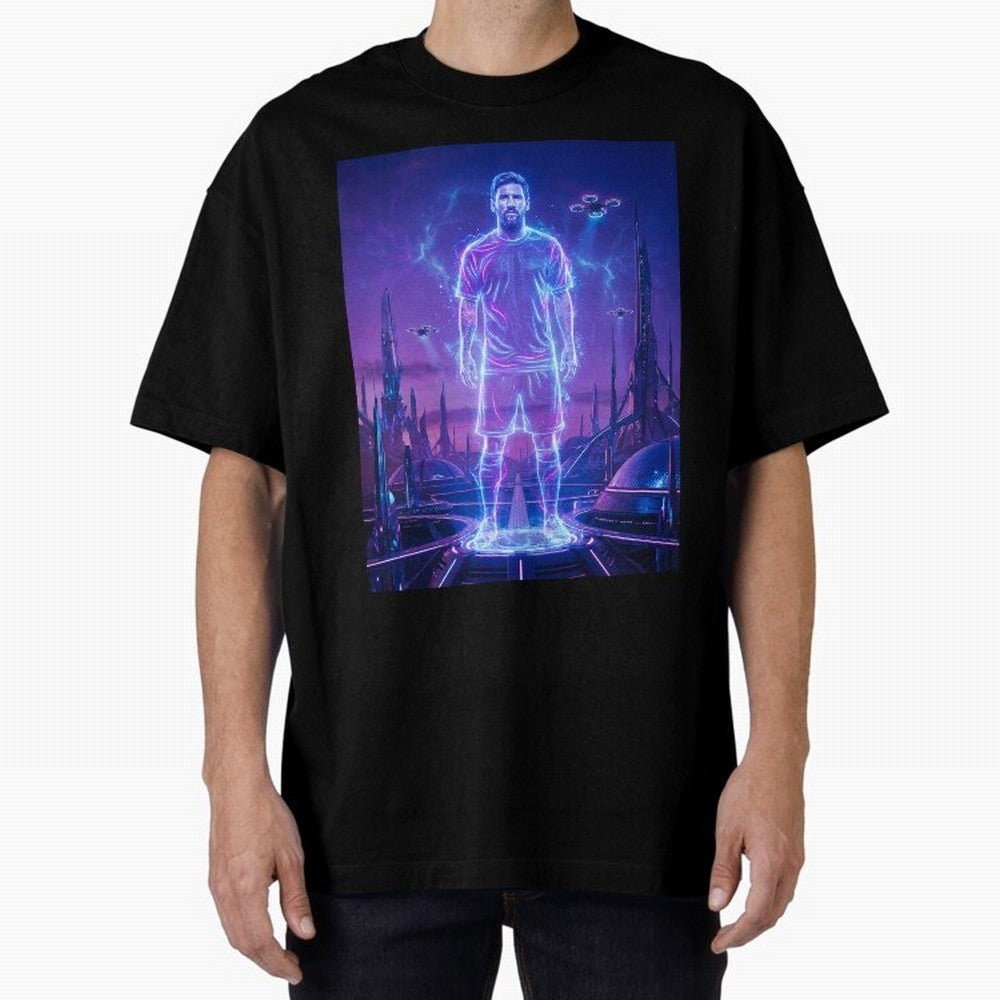 Lionel Messi (GOAT) Hologram in Futuristic Cyberpunk City (Version 4) Classic T-Shirt Represent FIFA World Cup 2026 Group Stage for Fans of Mbappe and Neymar and Spain and Netherlands, Bringing Global Supporter Spirit, Legendary Goals, National