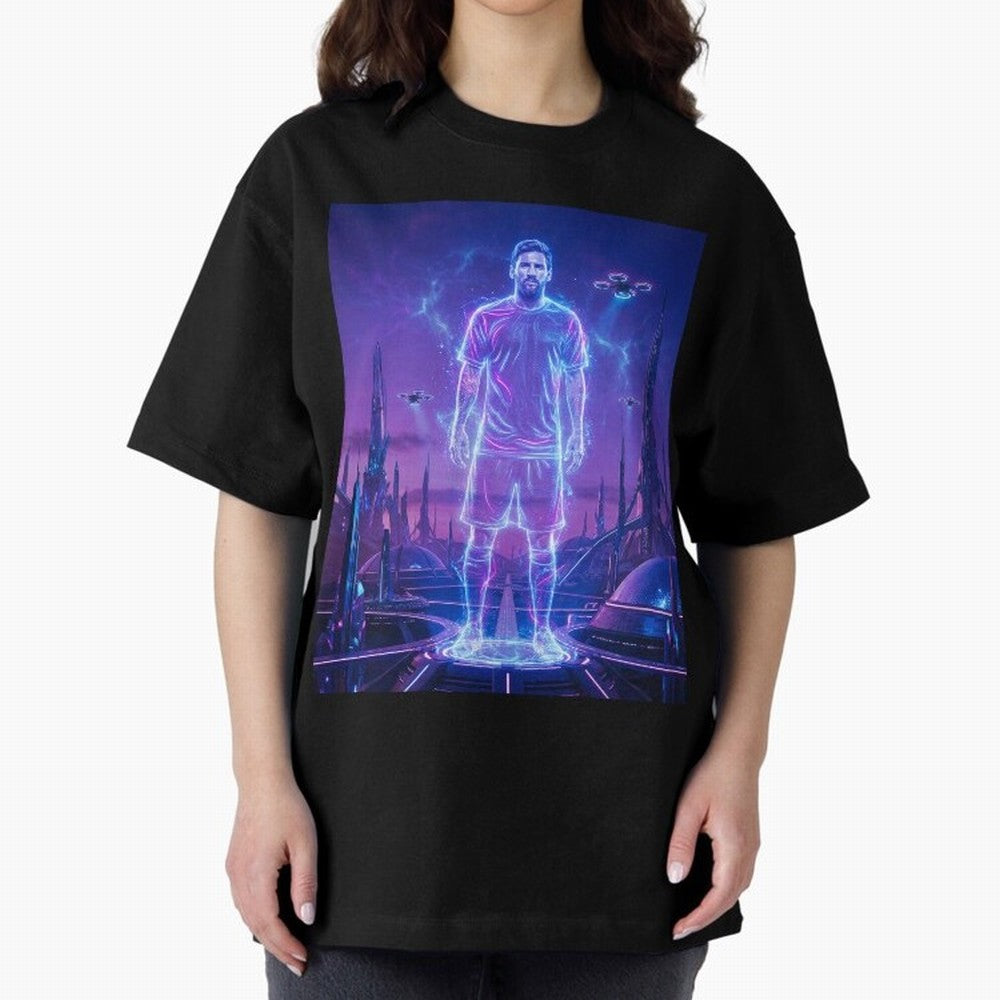 Lionel Messi (GOAT) Hologram in Futuristic Cyberpunk City (Version 4) Classic T-Shirt Represent FIFA World Cup 2026 Group Stage for Fans of Mbappe and Neymar and Spain and Netherlands, Bringing Global Supporter Spirit, Legendary Goals, National