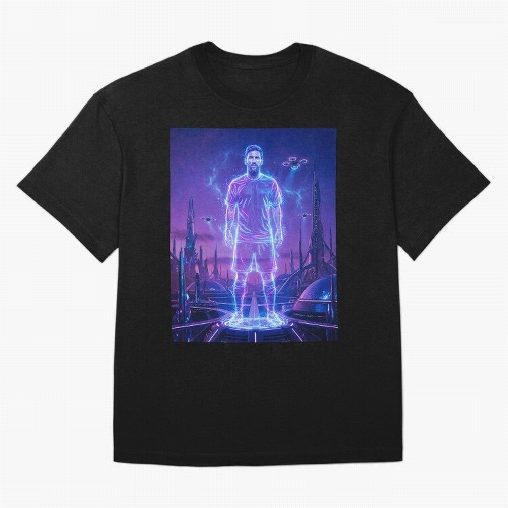 Lionel Messi (GOAT) Hologram in Futuristic Cyberpunk City (Version 4) Classic T-Shirt Represent FIFA World Cup 2026 Group Stage for Fans of Mbappe and Neymar and Spain and Netherlands, Bringing Global Supporter Spirit, Legendary Goals, National