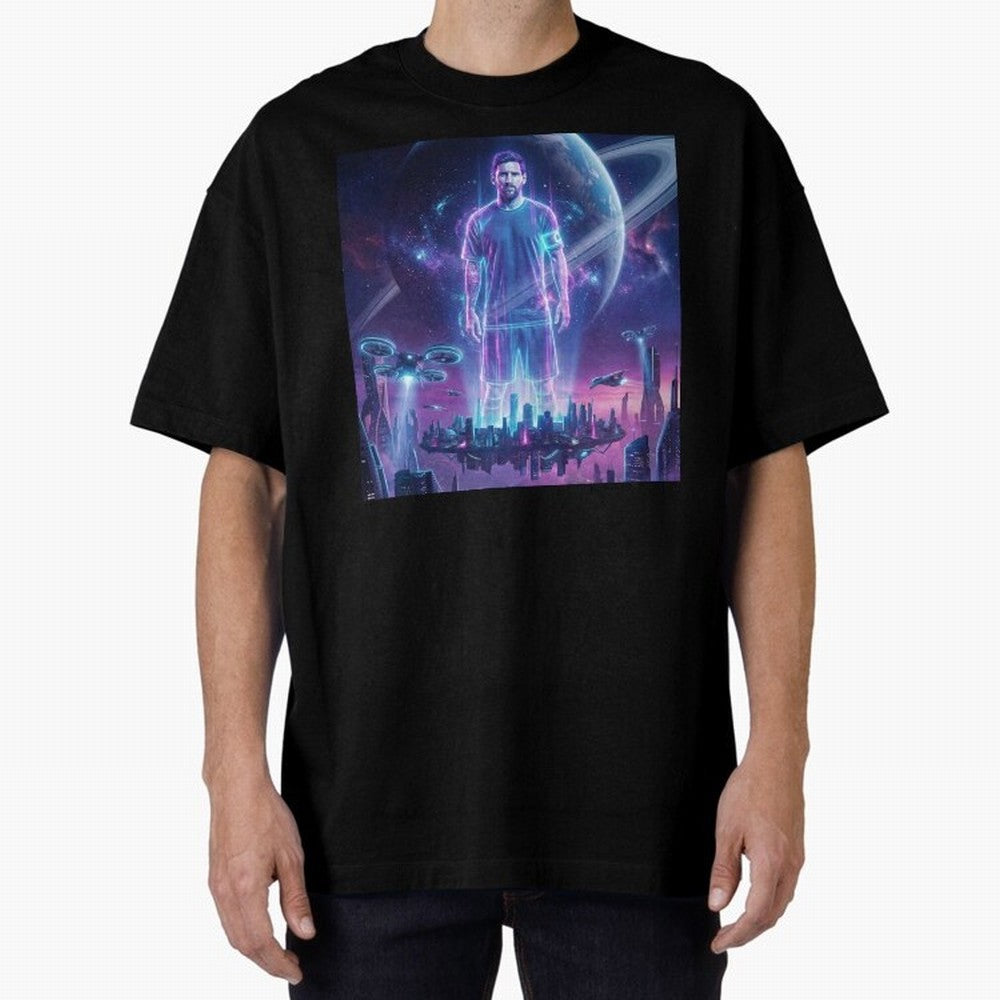 Lionel Messi (GOAT) Hologram in Futuristic Cyberpunk City (Version 3) Classic T-Shirt Show Love for Legendary Goals in Match Day Hype around FIFA World Cup 2026 Group Stage, Messi and Cristiano Ronaldo, England, France and Netherlands, Sports