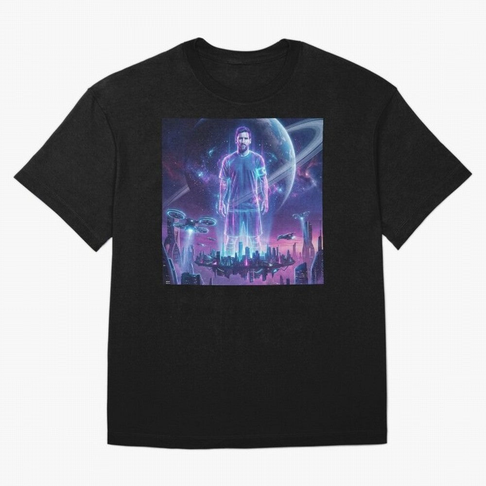Lionel Messi (GOAT) Hologram in Futuristic Cyberpunk City (Version 3) Classic T-Shirt Show Love for Legendary Goals in Match Day Hype around FIFA World Cup 2026 Group Stage, Messi and Cristiano Ronaldo, England, France and Netherlands, Sports