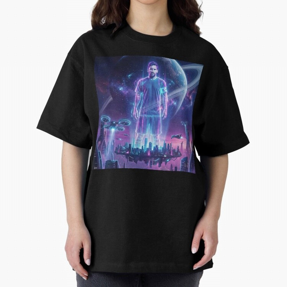 Lionel Messi (GOAT) Hologram in Futuristic Cyberpunk City (Version 3) Classic T-Shirt Show Love for Legendary Goals in Match Day Hype around FIFA World Cup 2026 Group Stage, Messi and Cristiano Ronaldo, England, France and Netherlands, Sports