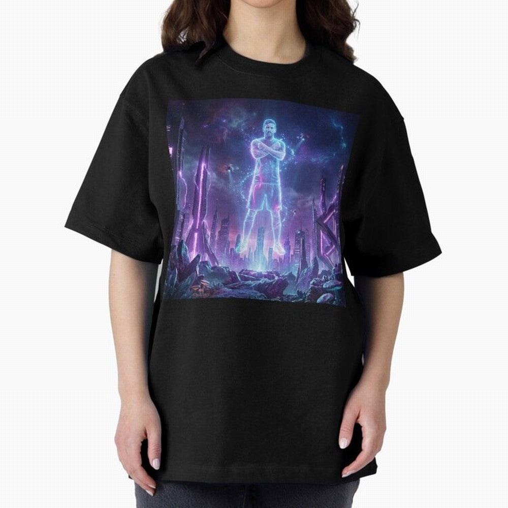 Lionel Messi (GOAT) Hologram in Futuristic Cyberpunk City Classic T-Shirt Bring Global Tournament Vibes to FIFA World Cup 2026 USA Canada Mexico Inspired by Neymar, Haaland and Cristiano Ronaldo, England and Germany Energy, Tournament Hype,