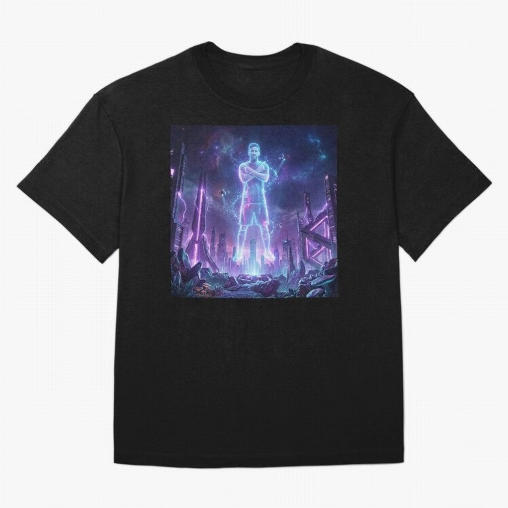 Lionel Messi (GOAT) Hologram in Futuristic Cyberpunk City Classic T-Shirt Bring Global Tournament Vibes to FIFA World Cup 2026 USA Canada Mexico Inspired by Neymar, Haaland and Cristiano Ronaldo, England and Germany Energy, Tournament Hype,