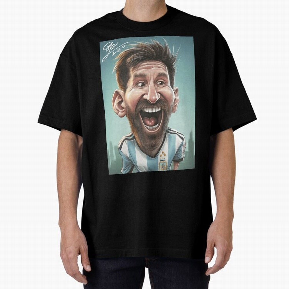Lionel Messi Caricature Art with Autograph Oversized T-Shirt Remember Iconic Moments from FIFA World Cup 2026 USA Canada Mexico Capturing CR7, France Energy, Fan Favorite Moments, National Team Passion, Big Match Drama and Soccer History; Great for