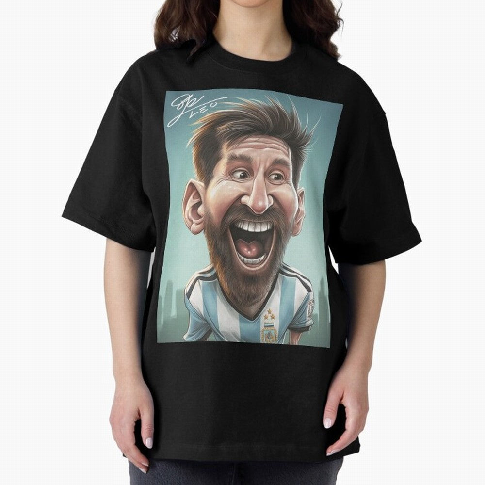 Lionel Messi Caricature Art with Autograph Oversized T-Shirt Remember Iconic Moments from FIFA World Cup 2026 USA Canada Mexico Capturing CR7, France Energy, Fan Favorite Moments, National Team Passion, Big Match Drama and Soccer History; Great for