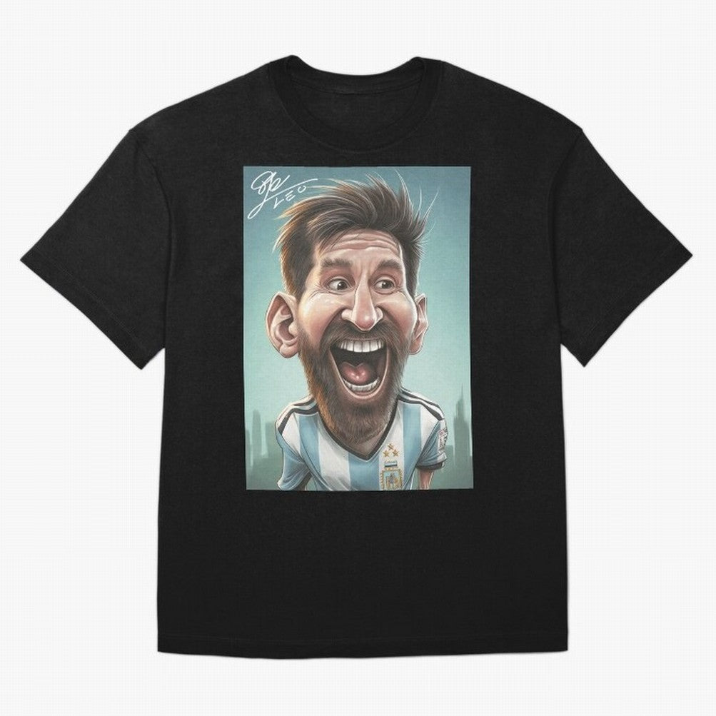 Lionel Messi Caricature Art with Autograph Oversized T-Shirt Remember Iconic Moments from FIFA World Cup 2026 USA Canada Mexico Capturing CR7, France Energy, Fan Favorite Moments, National Team Passion, Big Match Drama and Soccer History; Great for