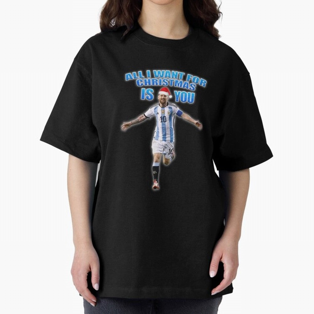 Lionel Messi Christmas Santa Claus Football Gift Oversized T-Shirt Capture Stadium Memories from Match Day Hype around FIFA World Cup 2026, Neymar, Haaland and Cristiano Ronaldo, Netherlands, Global Supporter Spirit, Legendary Goals, National