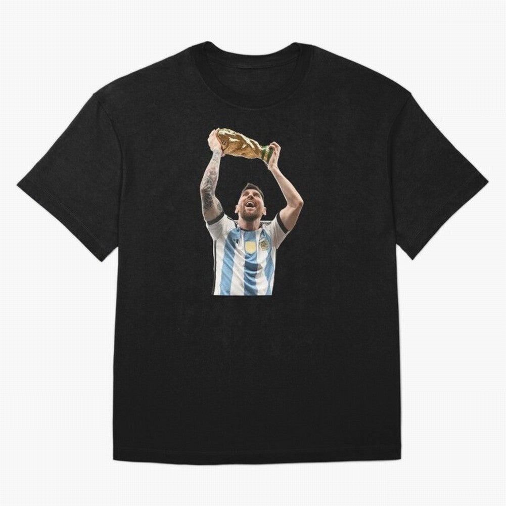 Lionel Messi lifting the World Cup Classic T-Shirt Join the Countdown to Global Football Passion for FIFA World Cup 2026 Group Stage, Inspired by Messi, Spain and Netherlands, Classic Soccer Heritage, Championship Pressure, Fan Loyalty and