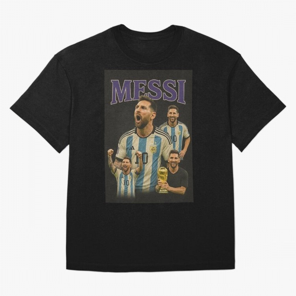 Lionel Messi Retro T-Shirt | 90s Football GOAT Collage Tee Boxy T-Shirt Bring Global Tournament Vibes to FIFA World Cup 2026 Group Stage for Fans of Messi, CR7 and Mbappe and France, Bringing Soccer Culture, Superstar Moments, National Team Dreams