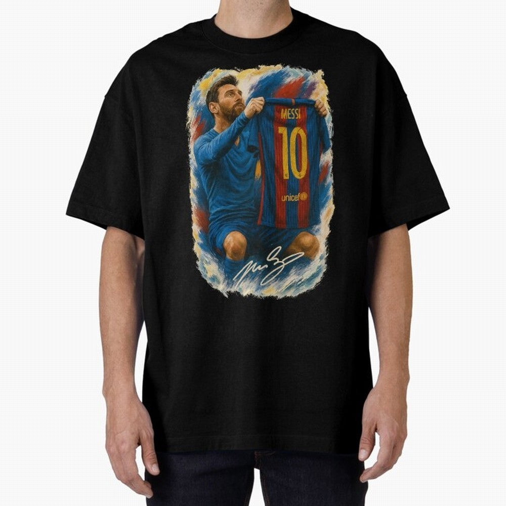 Messi Shirt Celebration Poster ¨C Iconic FC Barcelona Number 10 Artwork Oversized T-Shirt Make Every Kick Count in the FIFA World Cup 2026 Group Stage Journey through Messi and Cristiano Ronaldo Highlights, Portugal, Spain and Germany Pride,