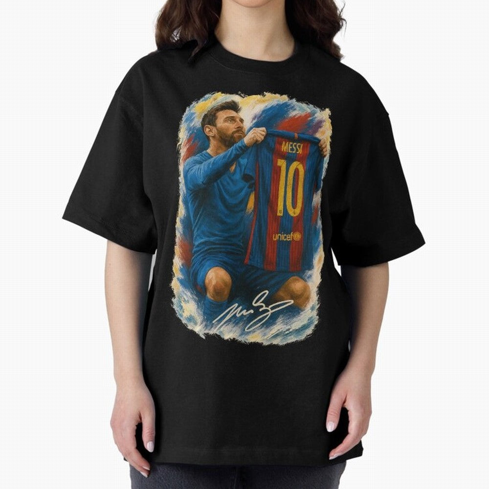 Messi Shirt Celebration Poster ¨C Iconic FC Barcelona Number 10 Artwork Oversized T-Shirt Make Every Kick Count in the FIFA World Cup 2026 Group Stage Journey through Messi and Cristiano Ronaldo Highlights, Portugal, Spain and Germany Pride,