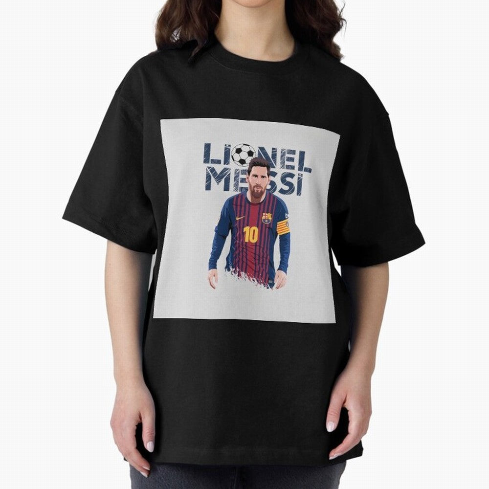 Stylized Lionel Messi Barcelona Illustration ¨C Iconic Football Artwork Oversized T-Shirt Spotlight the FIFA World Cup 2026 Journey through Messi, CR7 and Mbappe Highlights, England, France and Netherlands Pride, Football Passion, Legendary