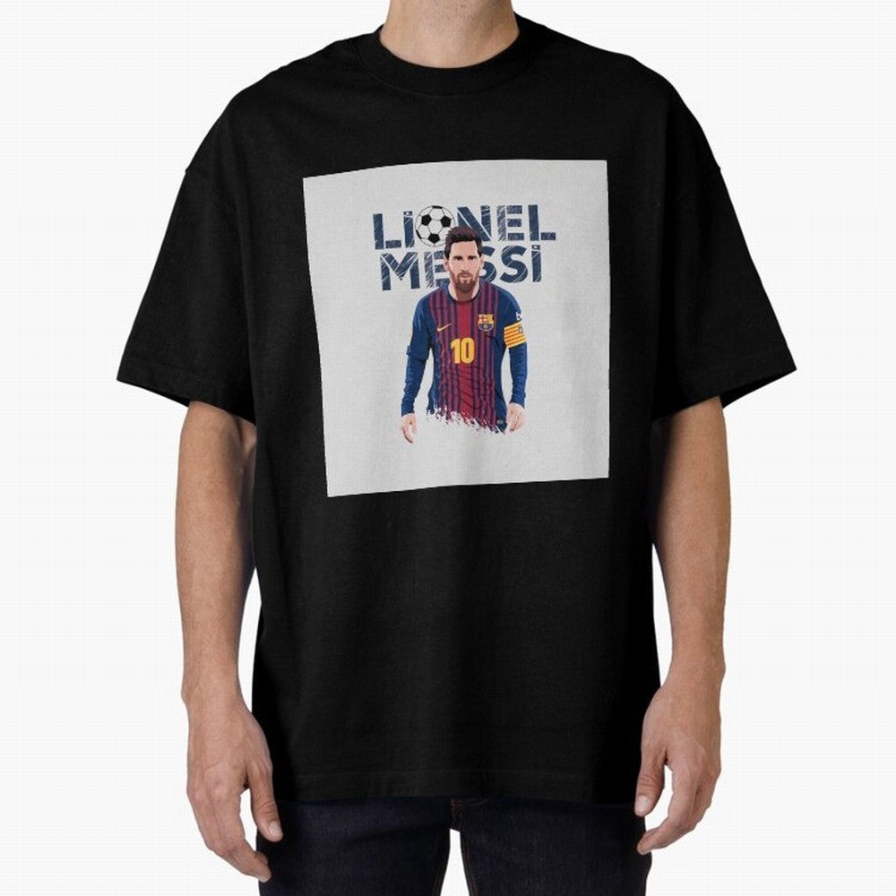 Stylized Lionel Messi Barcelona Illustration ¨C Iconic Football Artwork Oversized T-Shirt Spotlight the FIFA World Cup 2026 Journey through Messi, CR7 and Mbappe Highlights, England, France and Netherlands Pride, Football Passion, Legendary