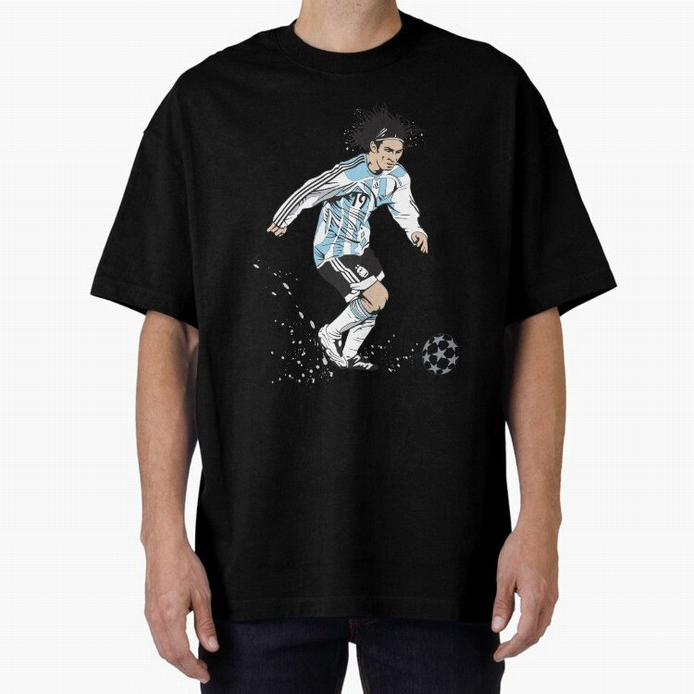 Lionel Messi runner Oversized T-Shirt Show Fan Pride Across Match Day Hype around FIFA World Cup 2026 Group Stage, Messi, Neymar and Mbappe, Argentina, France and Brazil, Worldwide Fan Energy, Dramatic Goals, Stadium Lights and Championship