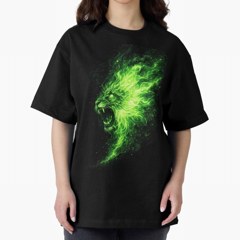 Neon Green Flame Lion ¨C Glowing Fire Roar Beast Graphic | Dark Aesthetic Streetwear Design Graphic T-Shirt Support Iconic Players in FIFA World Cup 2026 Group Stage for Fans of Neymar, Haaland and Cristiano Ronaldo and Netherlands, Bringing Sports